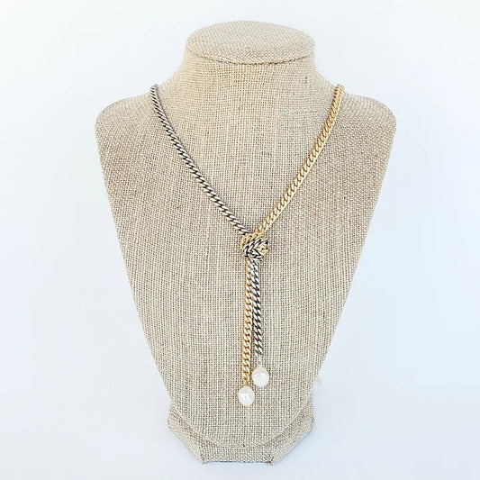 Knotted Curb Chain Necklace w/ Mini Pearls in gold/silver by Virtue