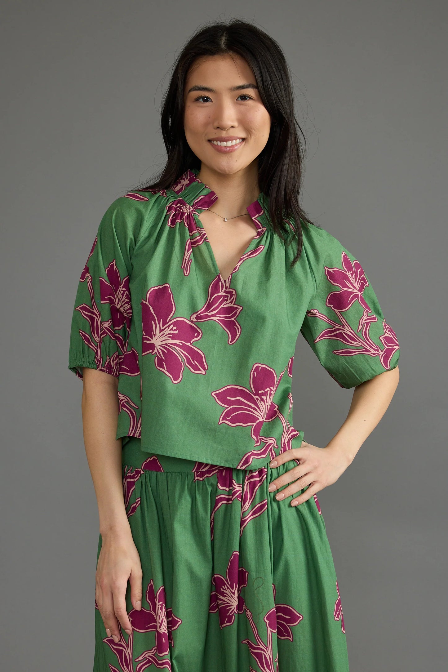 Trish Printed Top in verde ochid by Double A