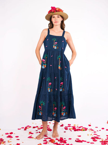 Cornflower Embroidered Monkey Dress in navy by Nimo
