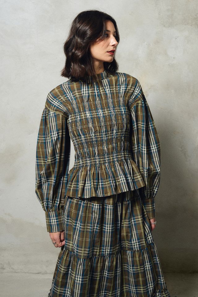 Long Sleeve Plaid Shirt in khaki by Molly Bracken
