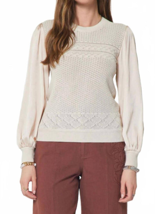 Pointelle Knit Mixed Media Sweater in champagne by Current Air