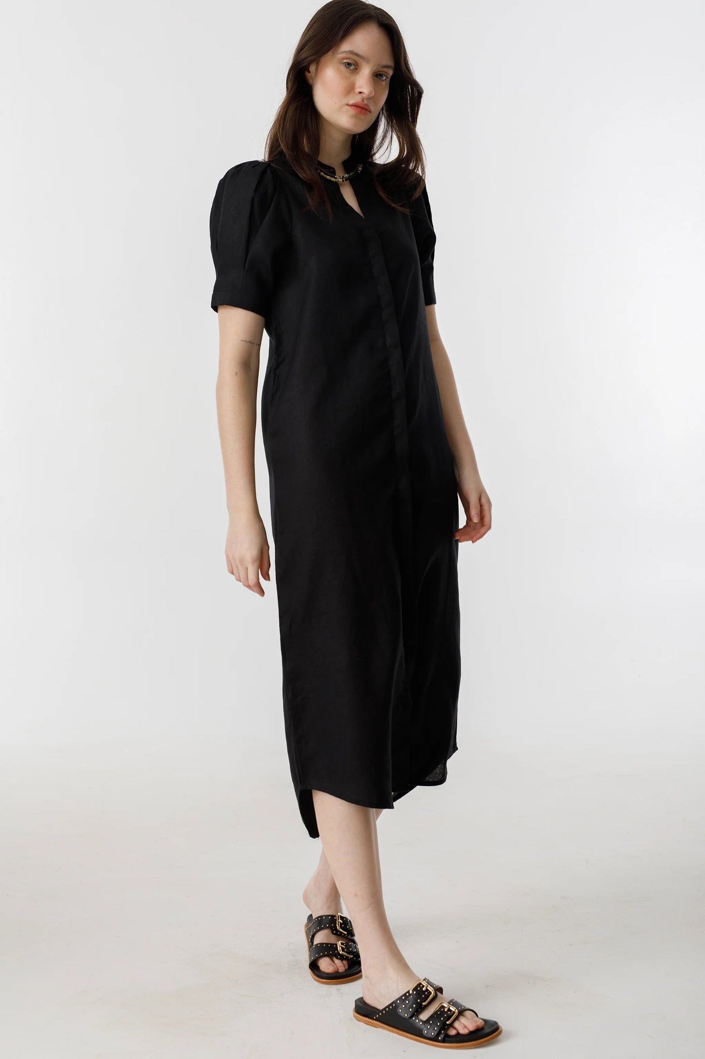 Lanhtopy black button up linen midi dress front view