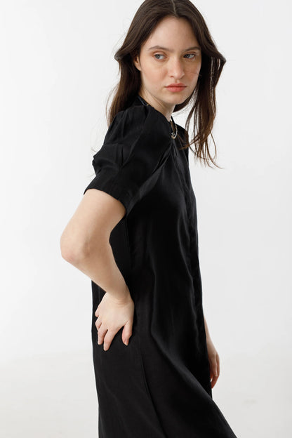 black linen midi dress with puff sleeve detail 