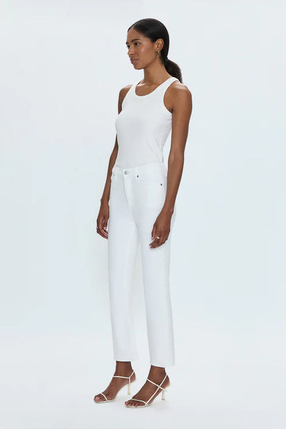 model wearing high rise lennon crop jeans in vivid white by pistola