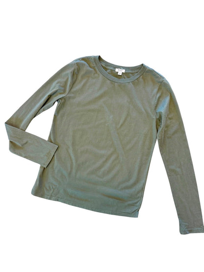savvy | retail therapy long sleeve olive t-shirt against a white background