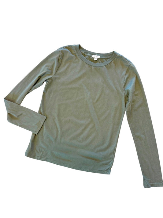 savvy | retail therapy long sleeve olive t-shirt against a white background