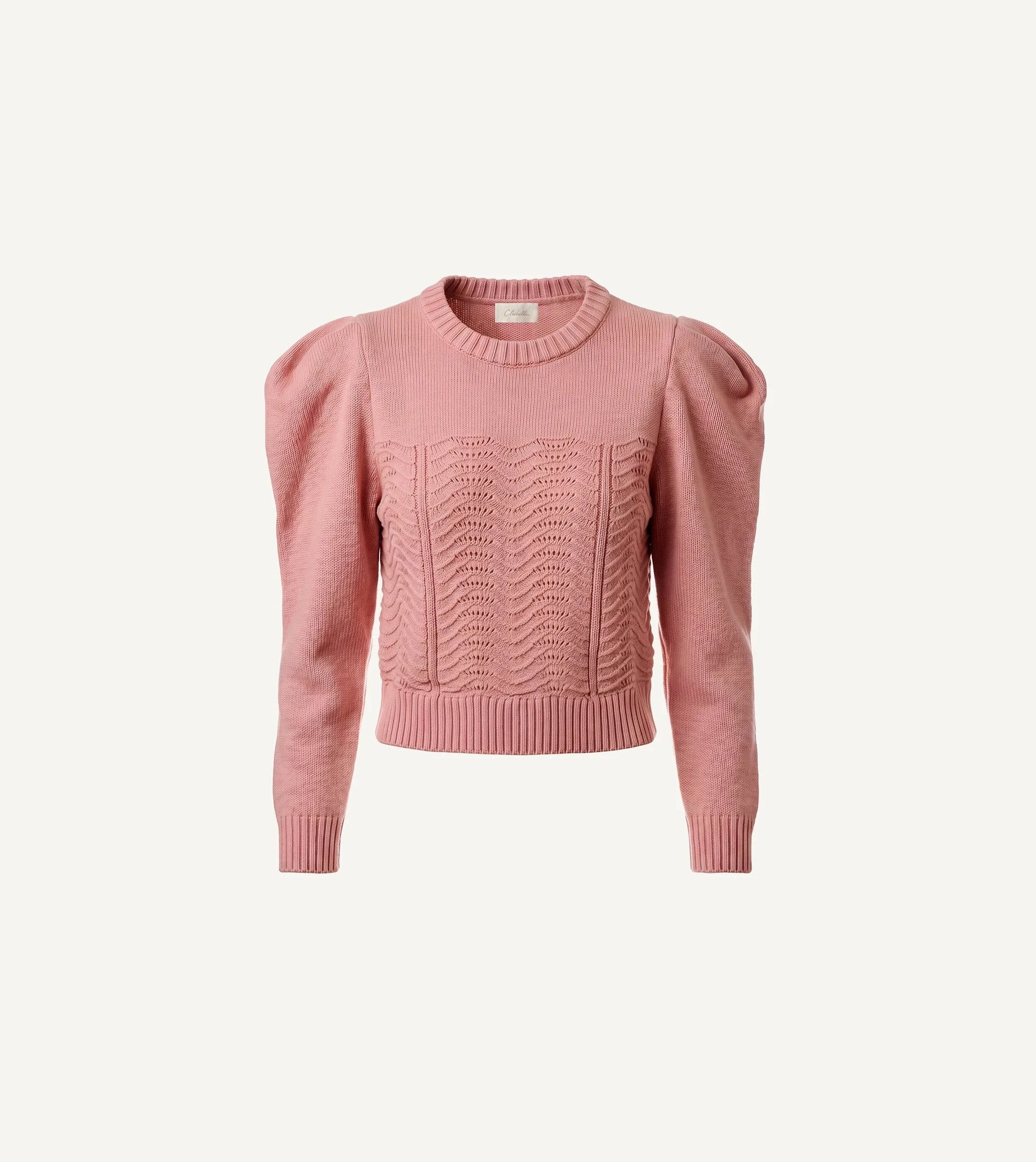 Savvy | retail therapy pink knitted cotton sweater with puff sleeve detailing.