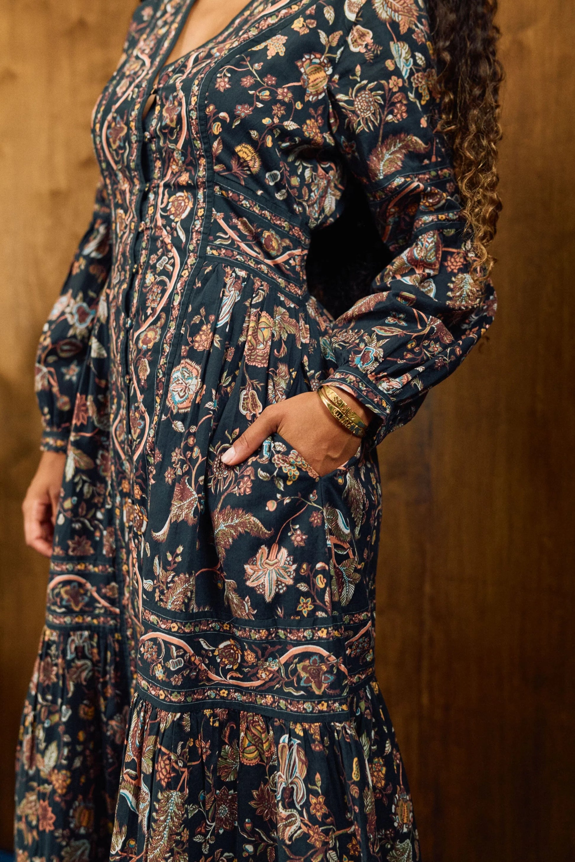 savy | retail therapy close up photo of navy printed maxi dress with pocket detailby cleobella