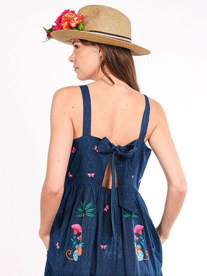 Cornflower Embroidered Monkey Dress in navy by Nimo