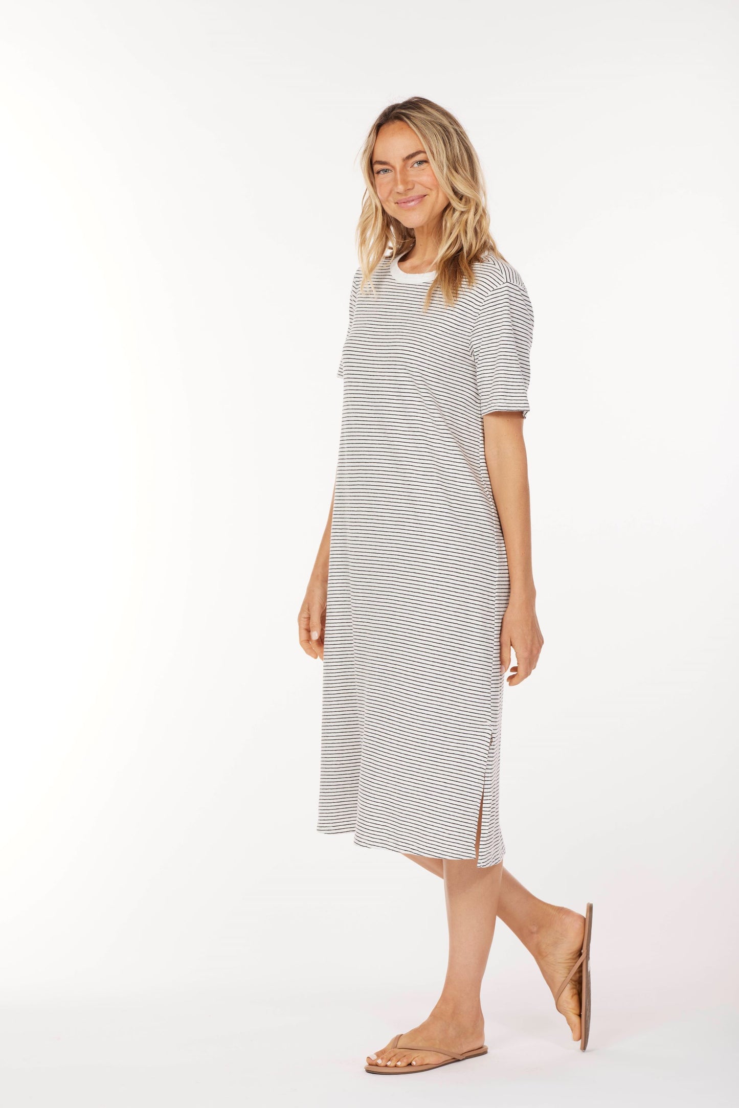 Half Sleeve Crew Midi Stripe Dress in white/black by Mododoc