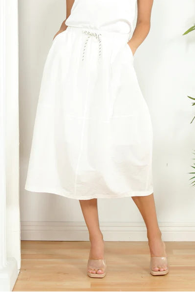 Drawstring Midi Balloon Skirt in white by Zero Degrees Celsius
