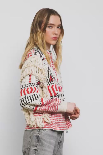 Cantos Textured Fringe Sweater Jacket in red by Aldo Martins