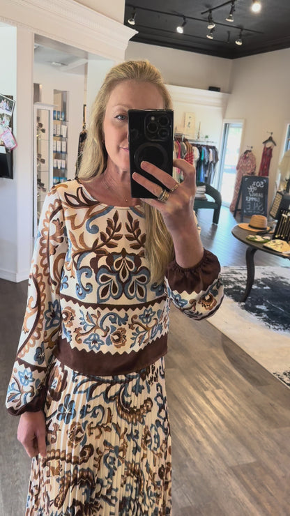 Long Sleeve Printed Blouse in ivory/brown/blue by Skies are Blue
