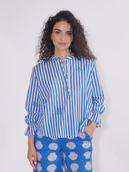 Broom Stripe Blouse with Flower Embroidery in blue by Nimo