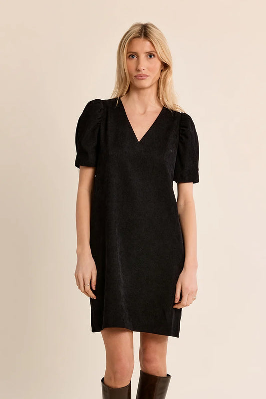 V Neck Corduroy Shift Dress in black by Molly Bracken