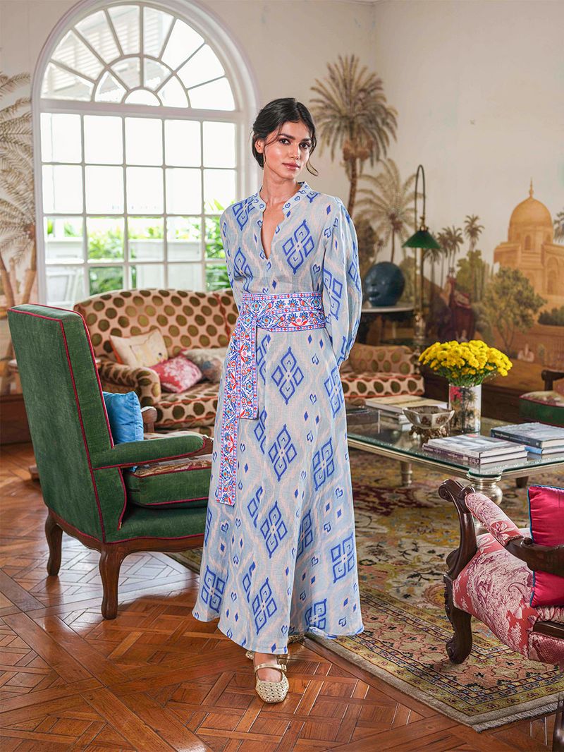 Marigold Linen Dress in ikat blue by Nimo