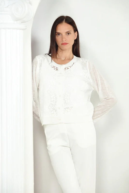 Lace Insert Cardigan in white by Zero Degrees Celsius