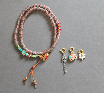 Glass Beaded Charm Necklace with Leather in blush rose by Meredith Waterstraat