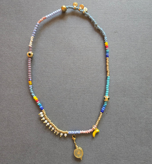 Glass Beaded Charm Necklace in multi by Meredith Waterstraat