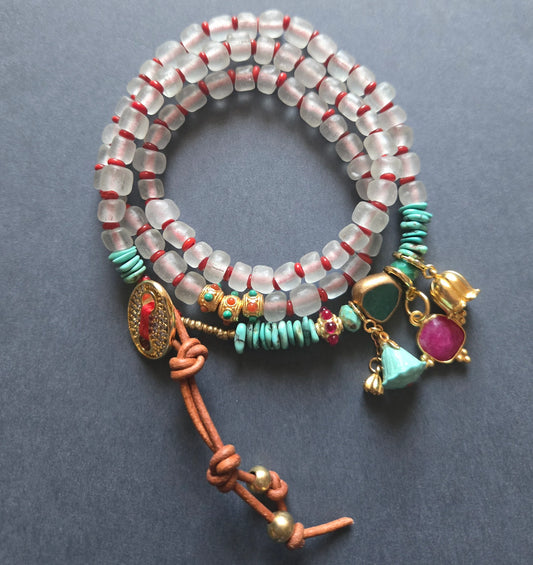 Glass Beaded Charm Necklace with Leather in clear by Meredith Waterstraat