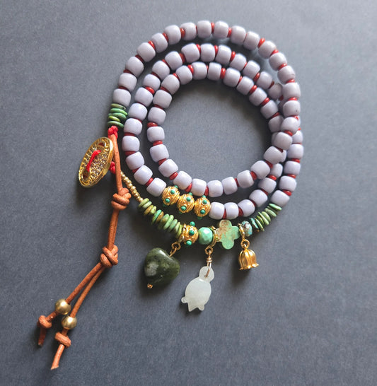 Glass Beaded Charm Necklace with Leather in vintage lavender by Meredith Waterstraat