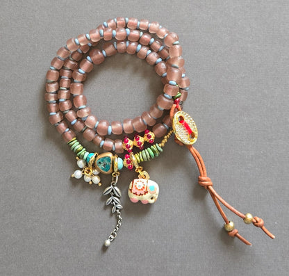 Glass Beaded Charm Necklace with Leather in blush rose by Meredith Waterstraat