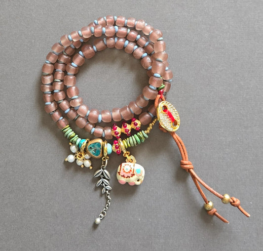 Glass Beaded Charm Necklace with Leather in blush rose by Meredith Waterstraat