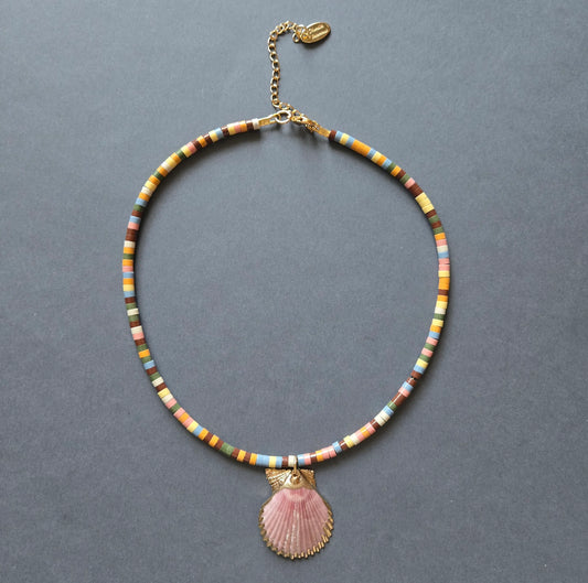 Multi Beaded Charm Necklace with Shell Charm in gold by Meredith Waterstraat