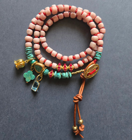 Glass Beaded Charm Necklace with Leather in pink by Meredith Waterstraat