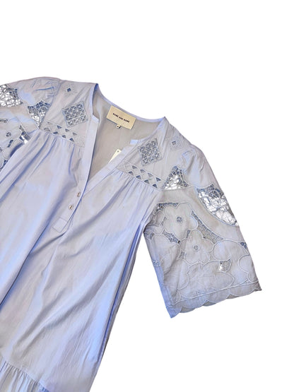 Rose and rose cotton poplin blue dahlia dress embroidered detail 