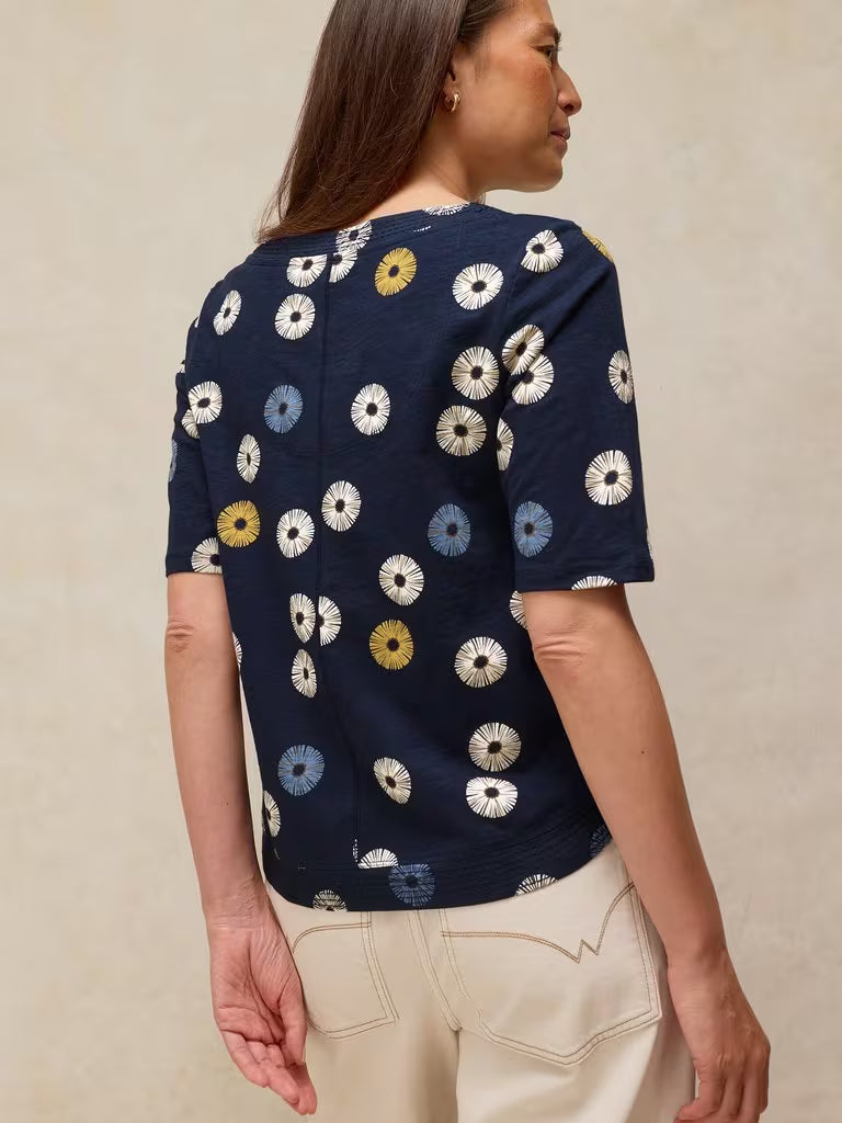 SavVy | Retail Therapy printed navy notch top with 3/4 length sleeves back view