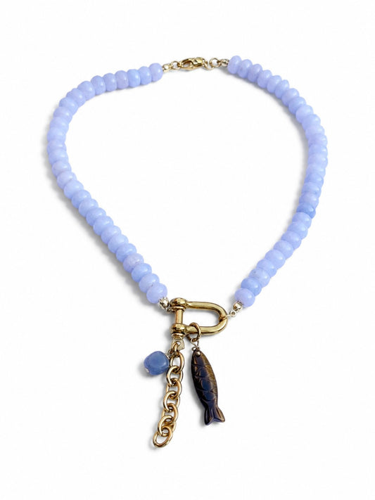 savvy | retail therapy glass beaded blue charm necklace with chain and fish charms