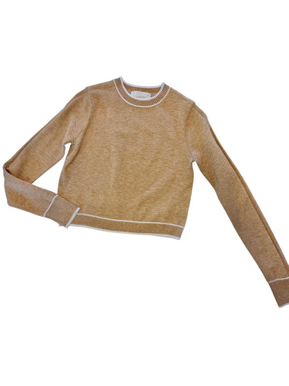 savvy | retail therapy womens camel and ivory sweater flaytlay against a white background 