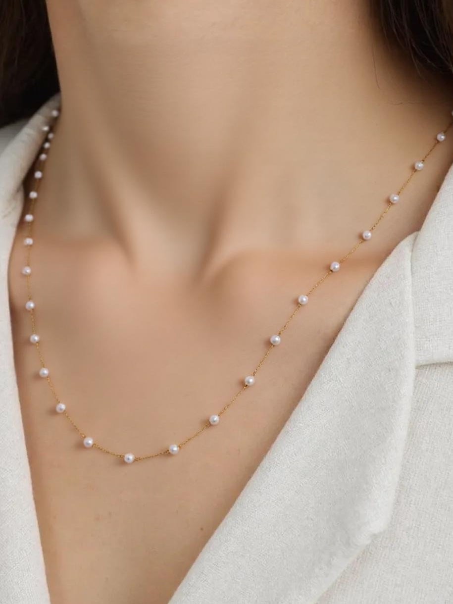 savvy | retail therapy dainty pearl necklace on gold chain by farrah b jewelry 