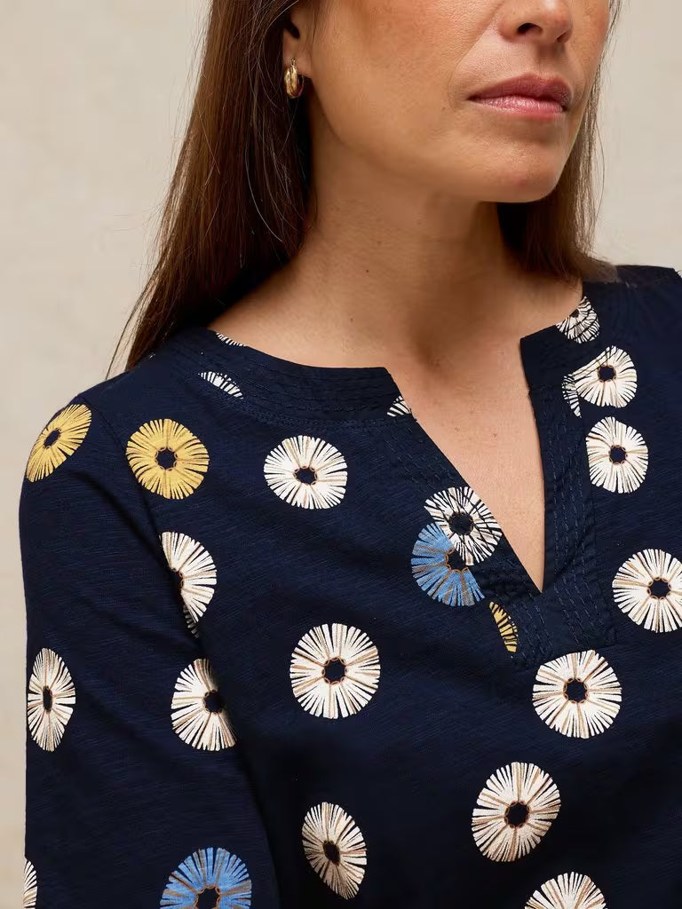 SavvVy | Retail Therapy printed navy fabric close up details
