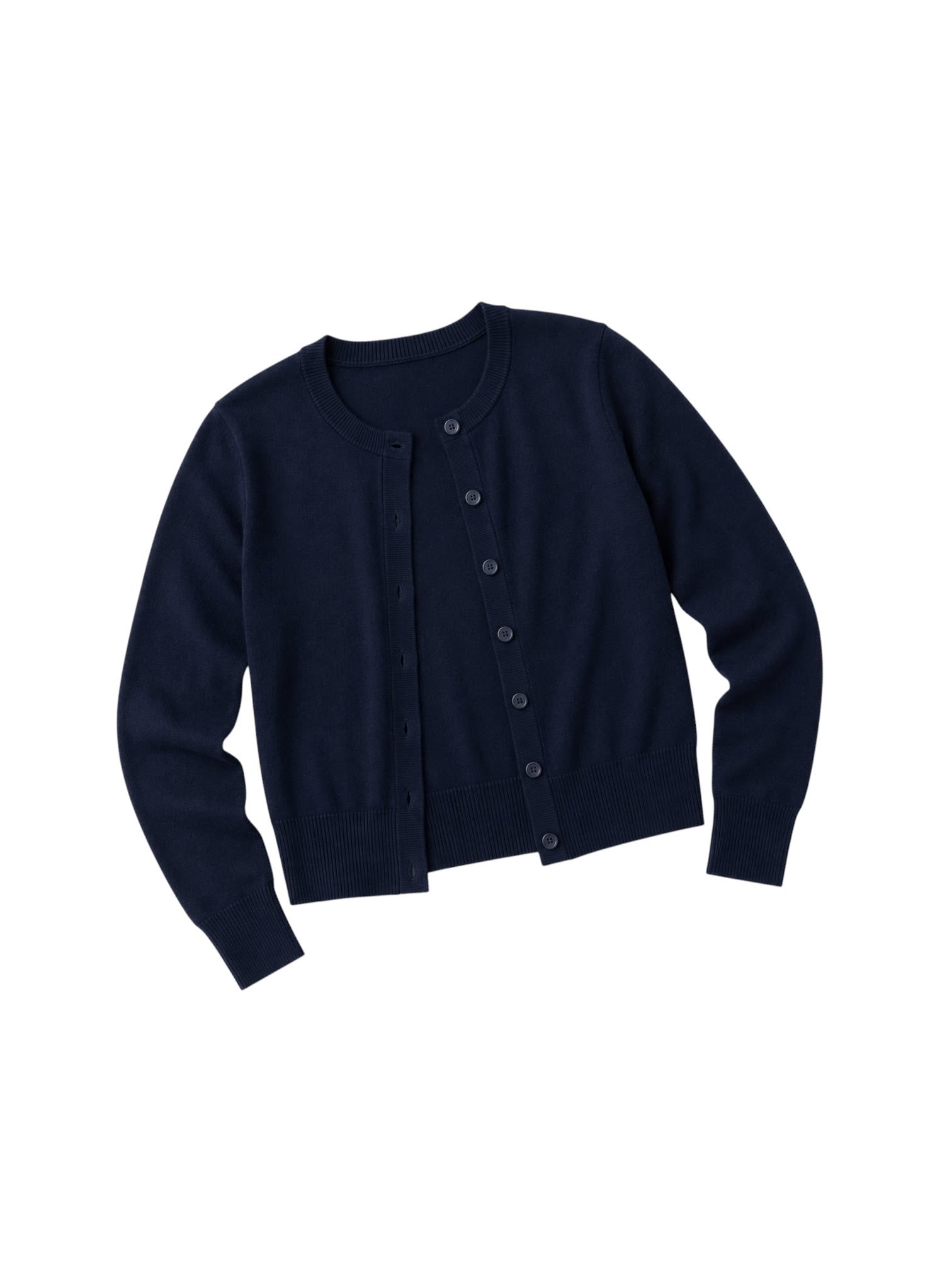 SavVy | Retail Therapy navy button-up cardigan against a white background