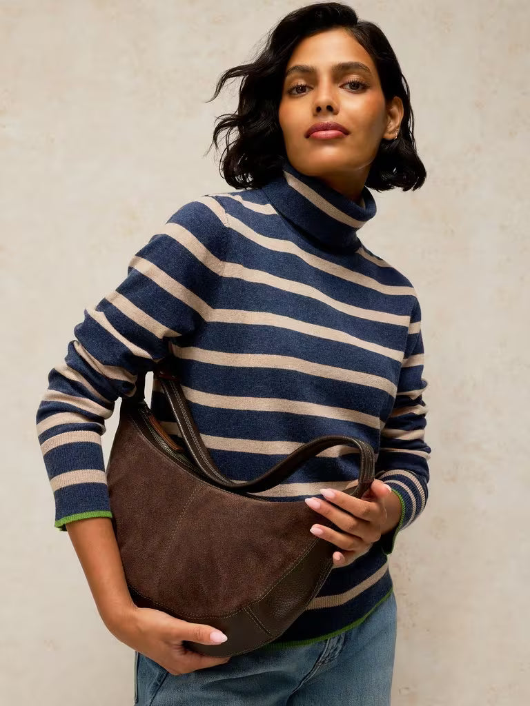 savvy | retail therapy navy striped rollneck sweater by white stuff styled with brown leather bag 