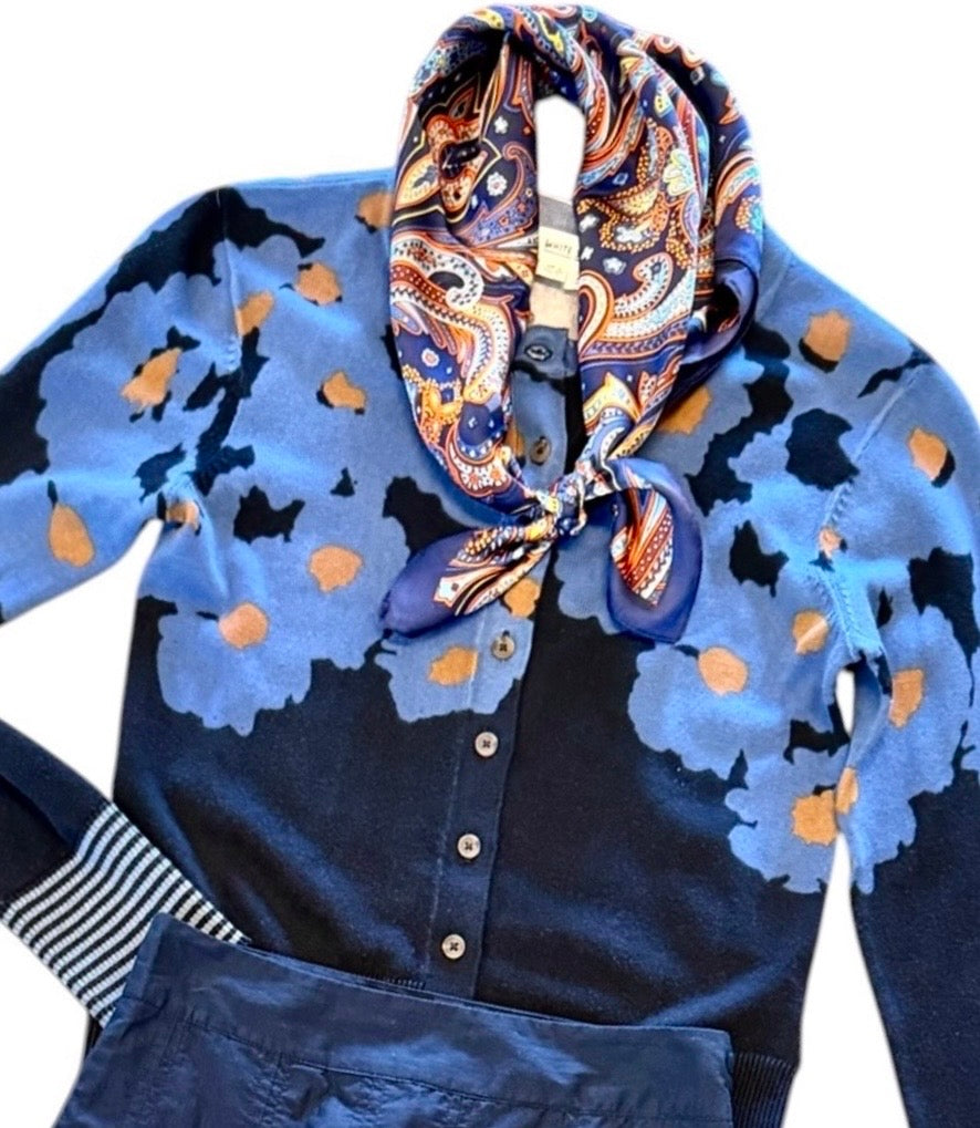 savvy | retail therapy womens fall navy printed cardigan paired with a paisley blue neck scarf 