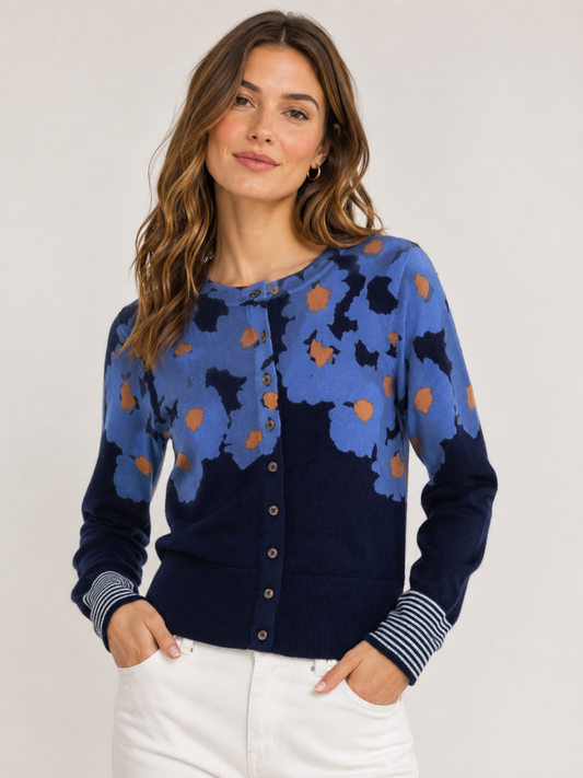 Savvy | Retail Therapy Printed Cotton cardigan on model against white background