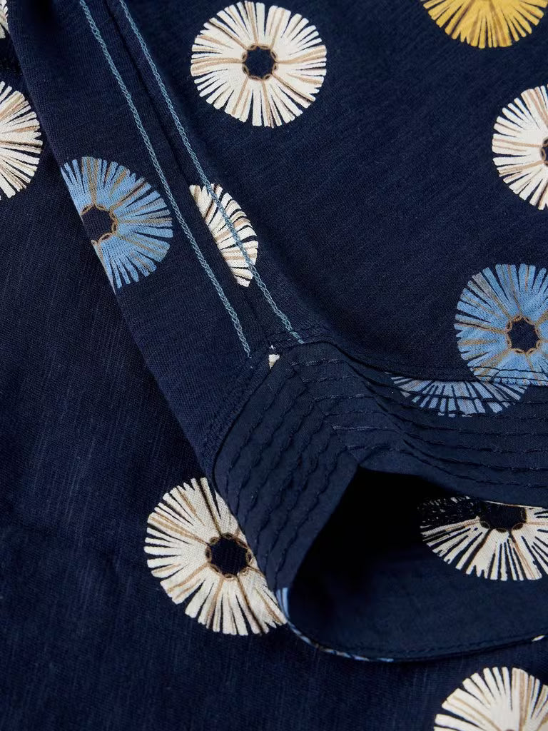 SavVy | Retail Therapy close up of garment fabric printed multicolor geometric design on navy blue background 