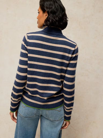 savvy | retail therapy navy rollneck sweater on model back view styled with light wash jeans