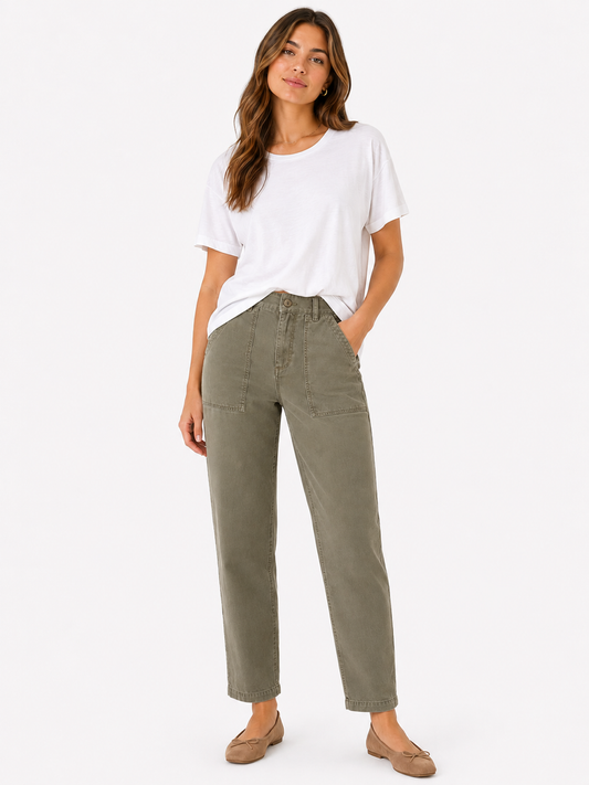 savvy | retail therapy woman wearing olive green utility pants by dylan clothing 