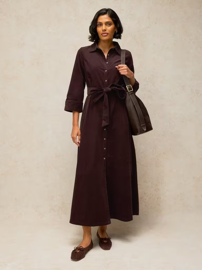 Button-up corduroy shift dress in dark brown on model