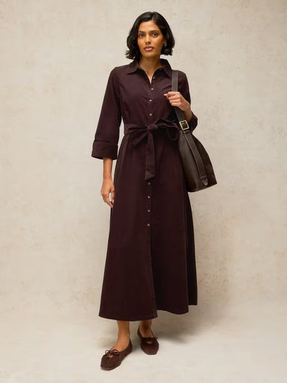 Button-up corduroy shift dress in dark brown on model