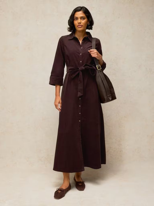 Button-up corduroy shift dress in dark brown on model