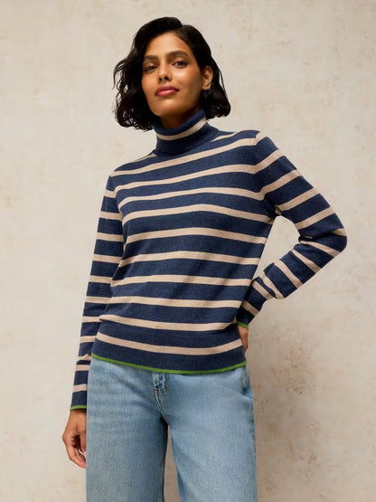 savvy | retail therapy striped roll neck sweater by white stuff on model 