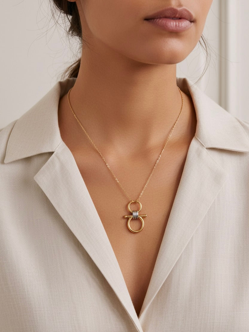 savvy | retail therapy model wearing take the reins necklace by farrah b jewelry 
