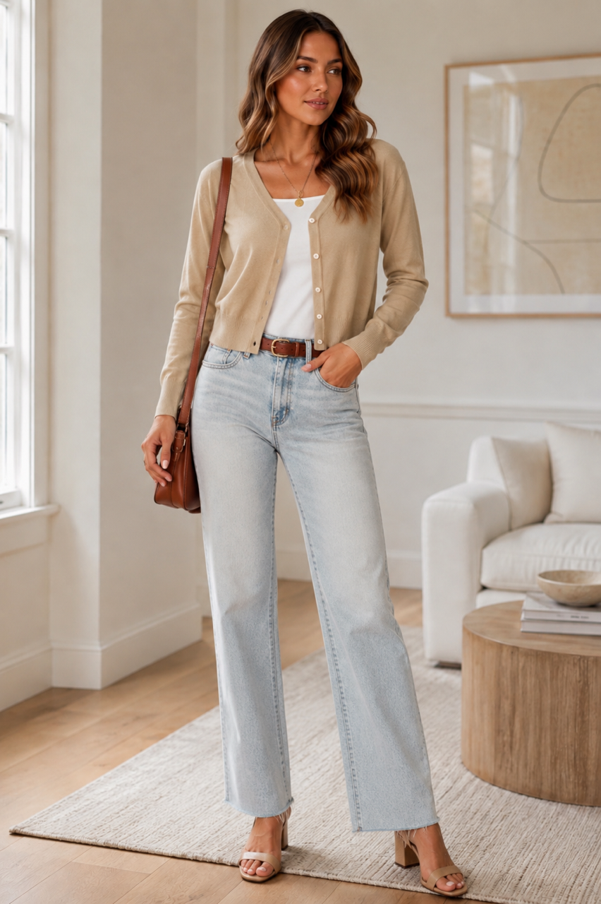SavVy |Retail Therapy taupe v-neck button up cardigan on model 