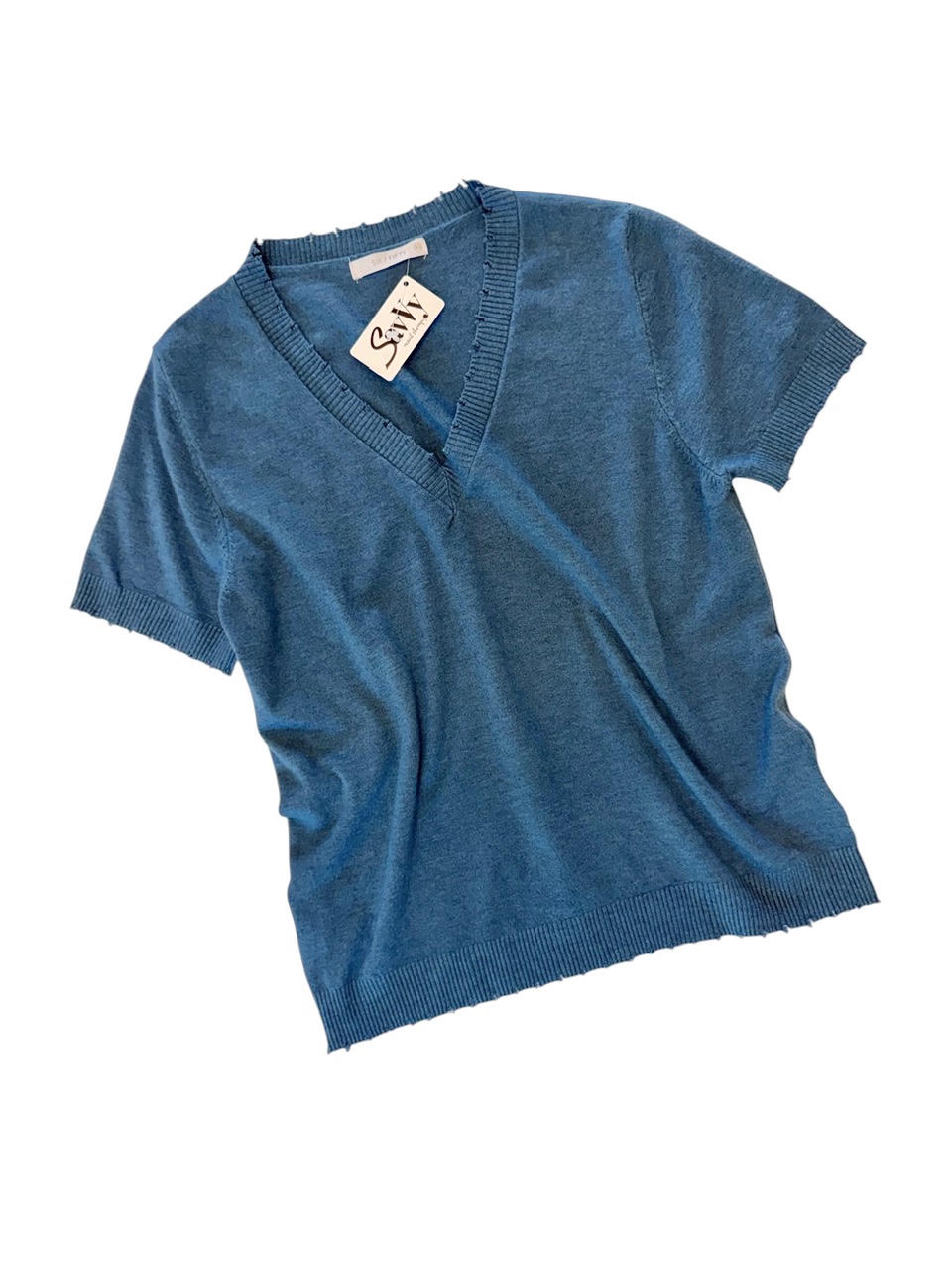 savvy | retail therapy womens v-neck heather denim shortsleeve sweater against a white background