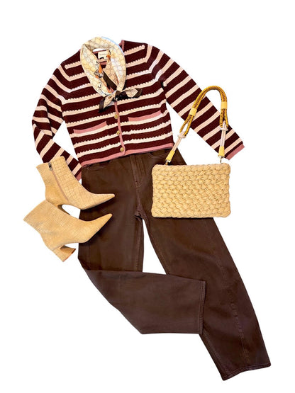 savvy | retail therapy womens styled fall outift with a striped sweater, brown jeans, and cognac boots